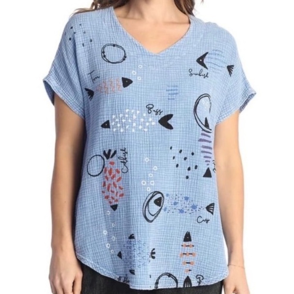 NEW Jess & Jane Small Bahamas Print 100% Cotton Gauze Top Blue V-Neck Whimsical